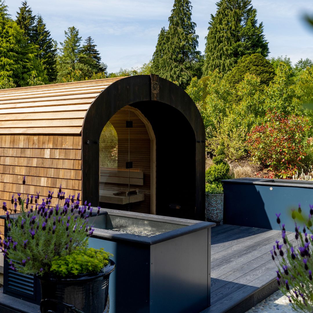 Brass Monkey plunges flanking the cedar sauna at Grantley Hall